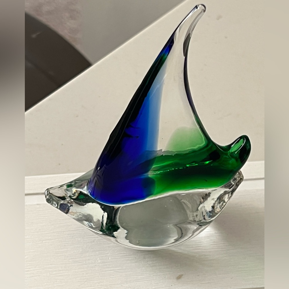 Hand Blown Sea Blue/Green & Clear Art Glass Nautical Sailboat Sculpture